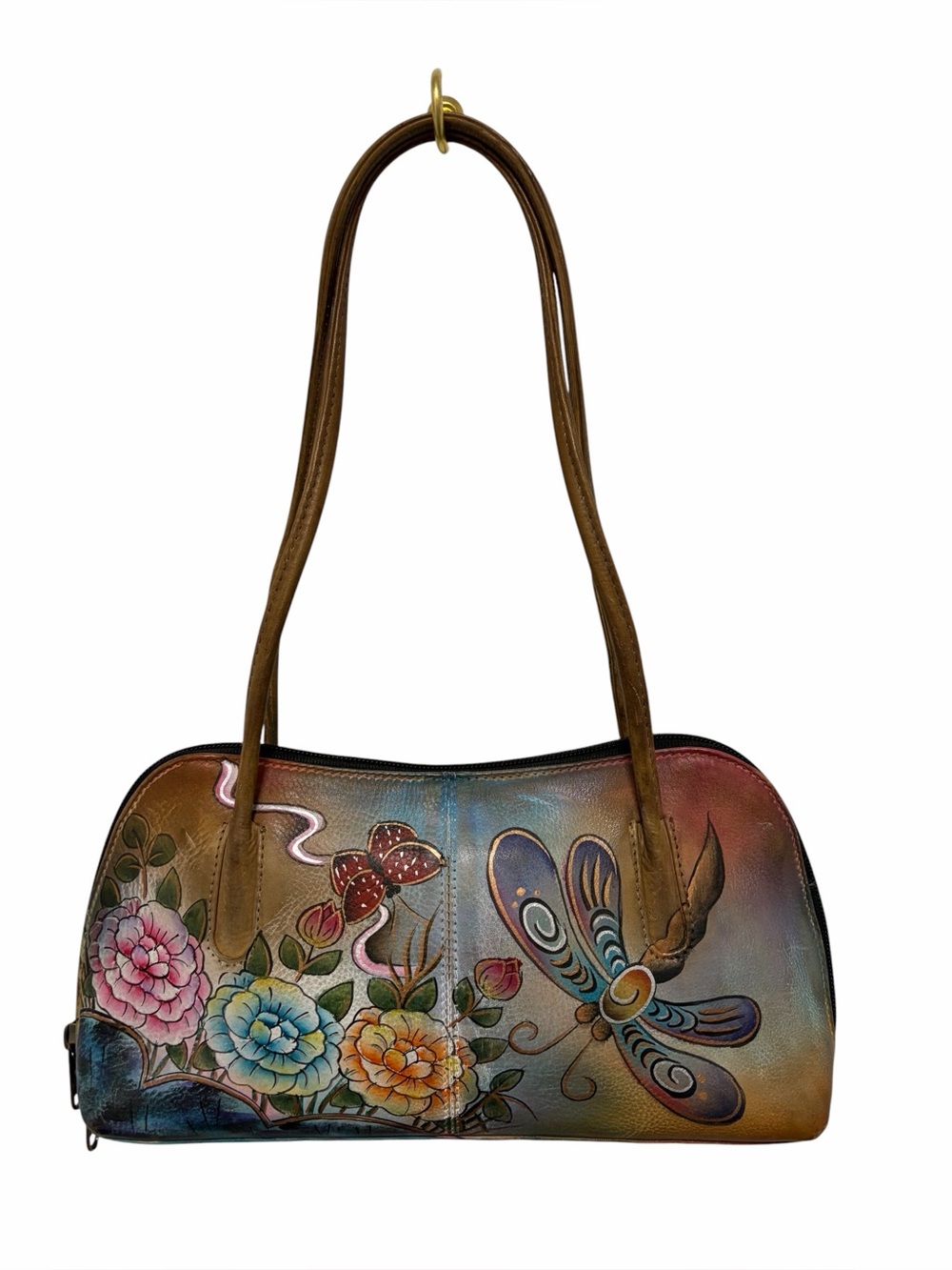 Anuschka Hand Painted Dragonfly Floral Print Small Leather Shoulder Bag - NWOT